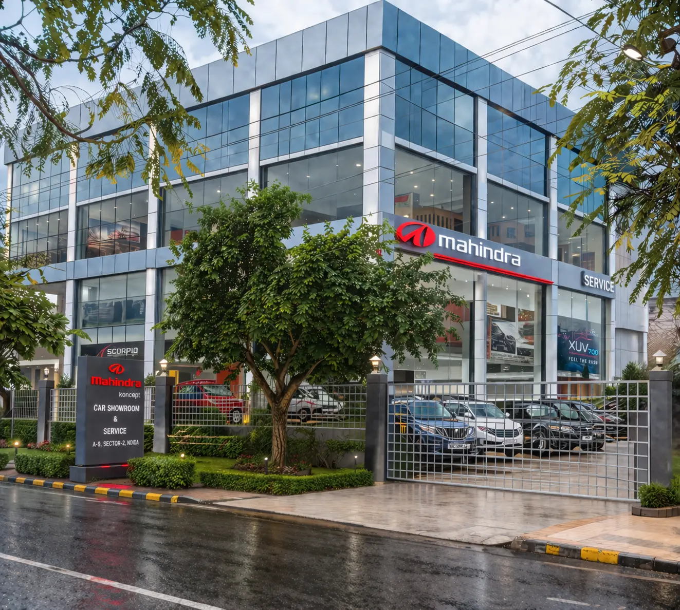 Modern Mahindra dealership after rain (1)